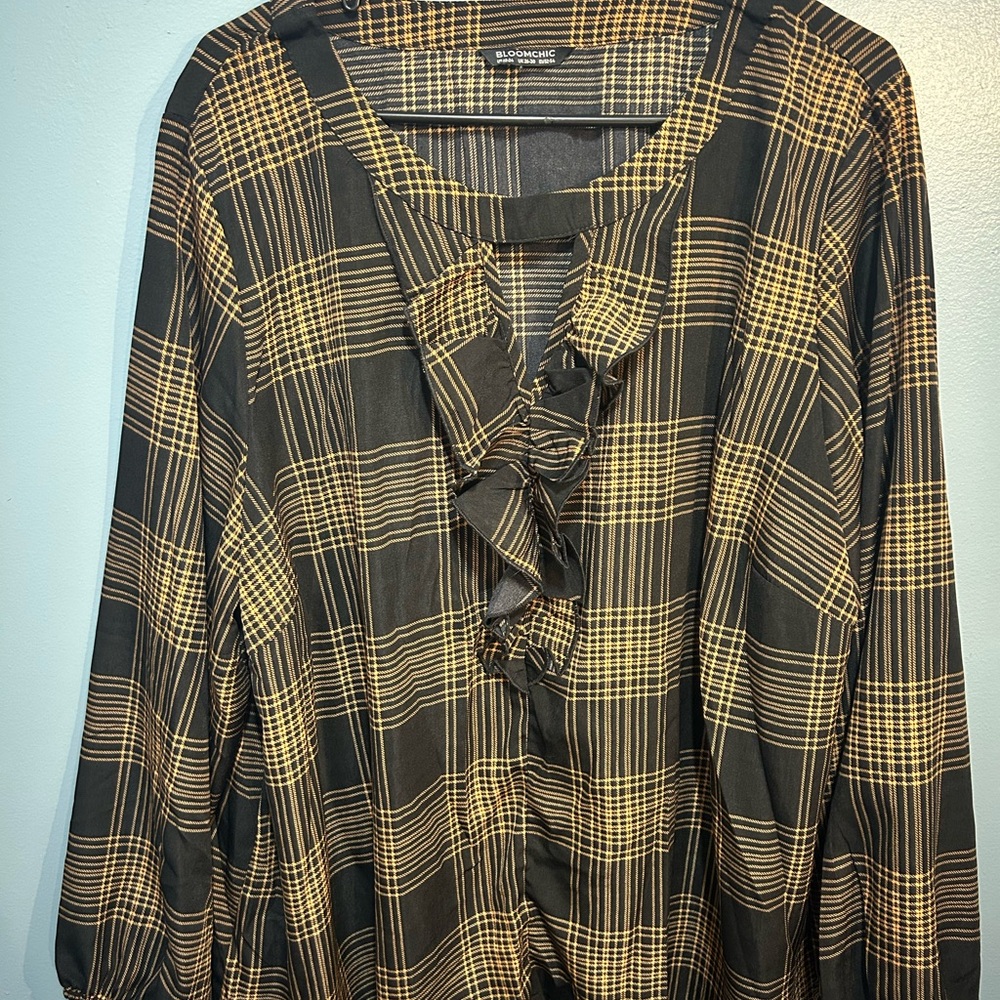 BloomChic Plaid Blouse with Ruffle Accent